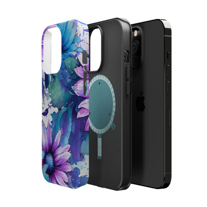 Purple & Teal Watercolor Floral MagSafe iPhone Case - Artistic Flower Design