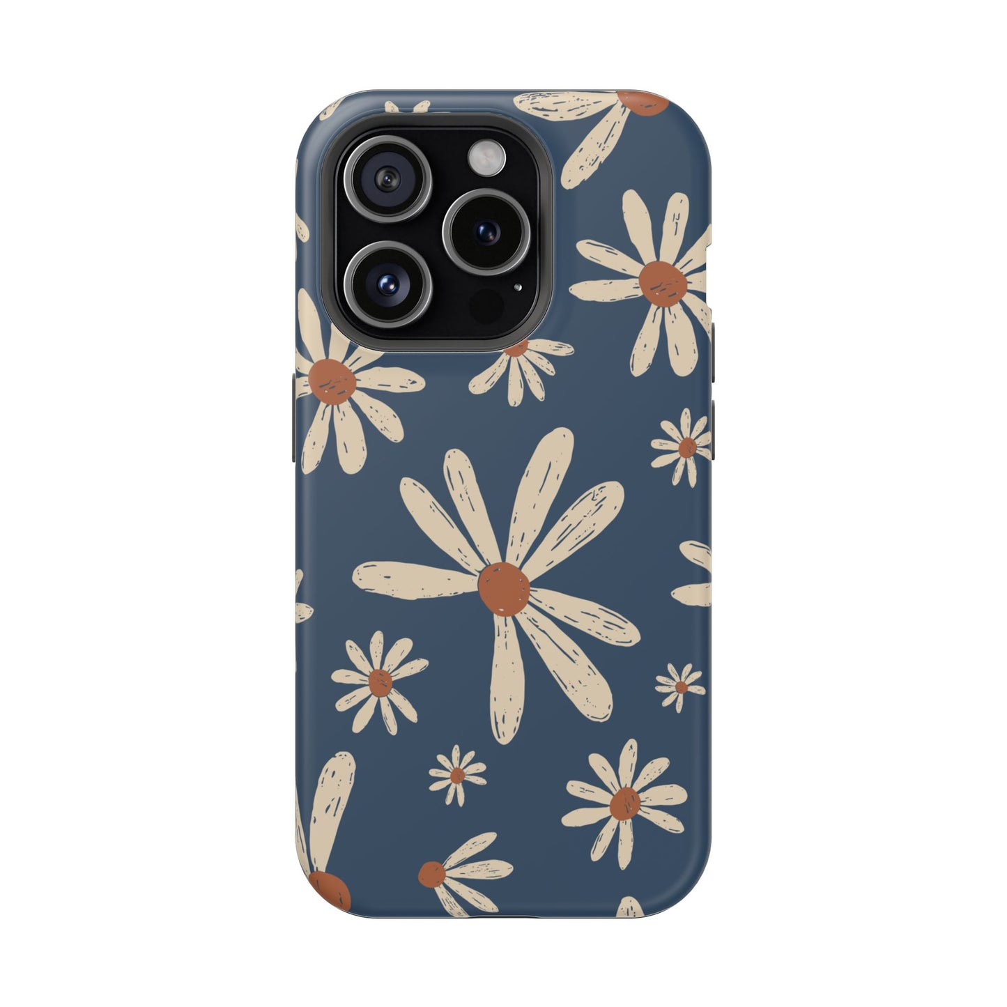 Vintage Daisies MagSafe iPhone Case – Navy Blue Floral Design, Scratch-Resistant with Shock-Absorbing Bumper