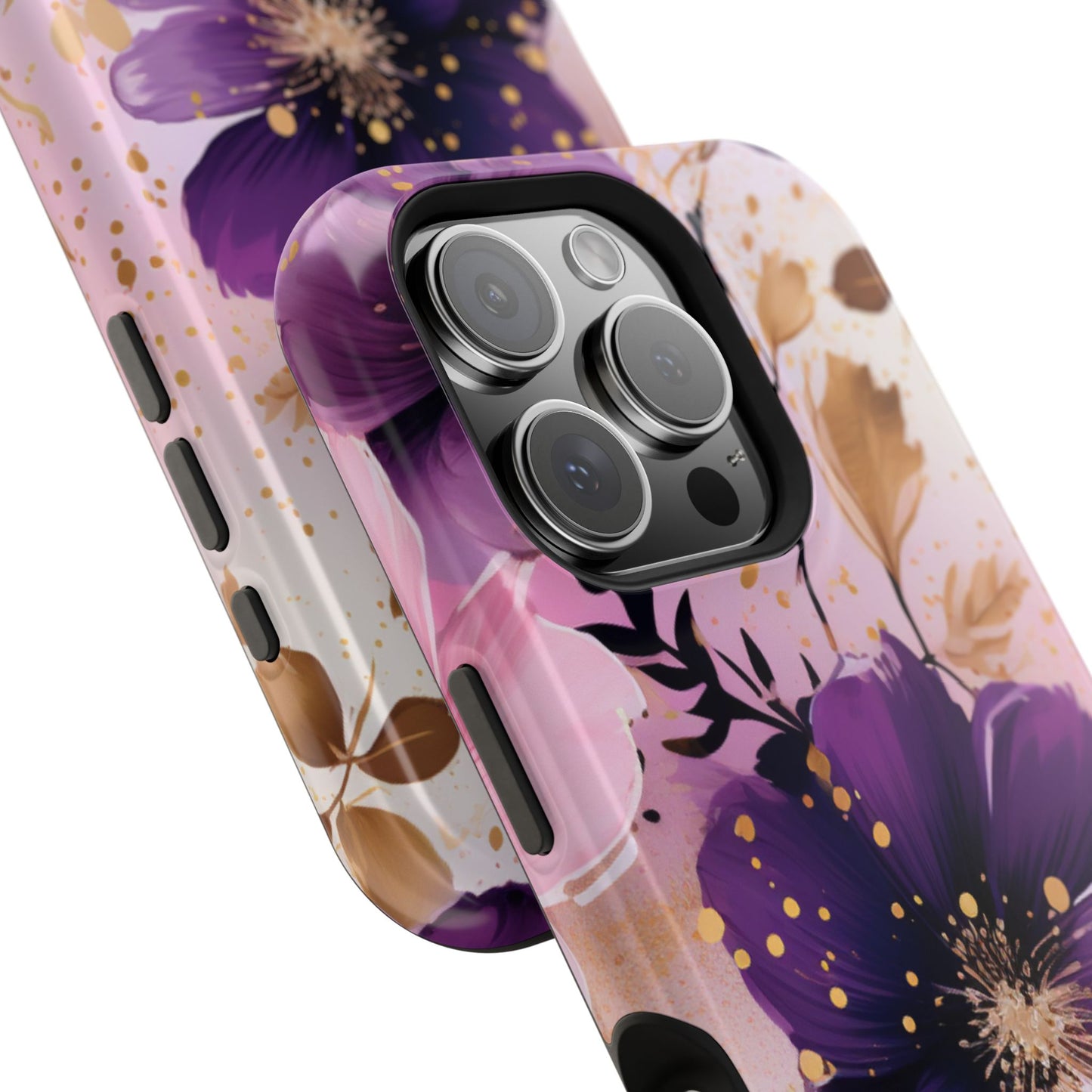 Elegant Purple & Gold Floral MagSafe iPhone Case - Luxe Flower Design