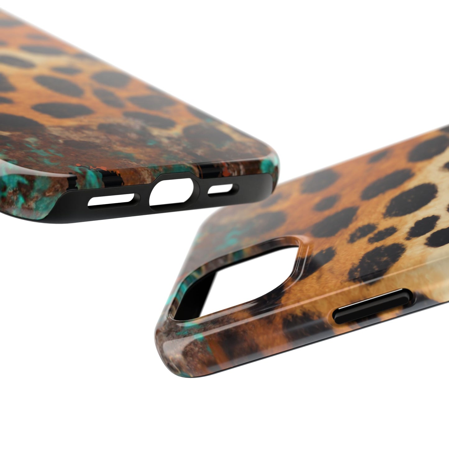 Rustic Leopard Print Tough iPhone Case – Distressed Turquoise and Animal Pattern with Dual-Layer Protection