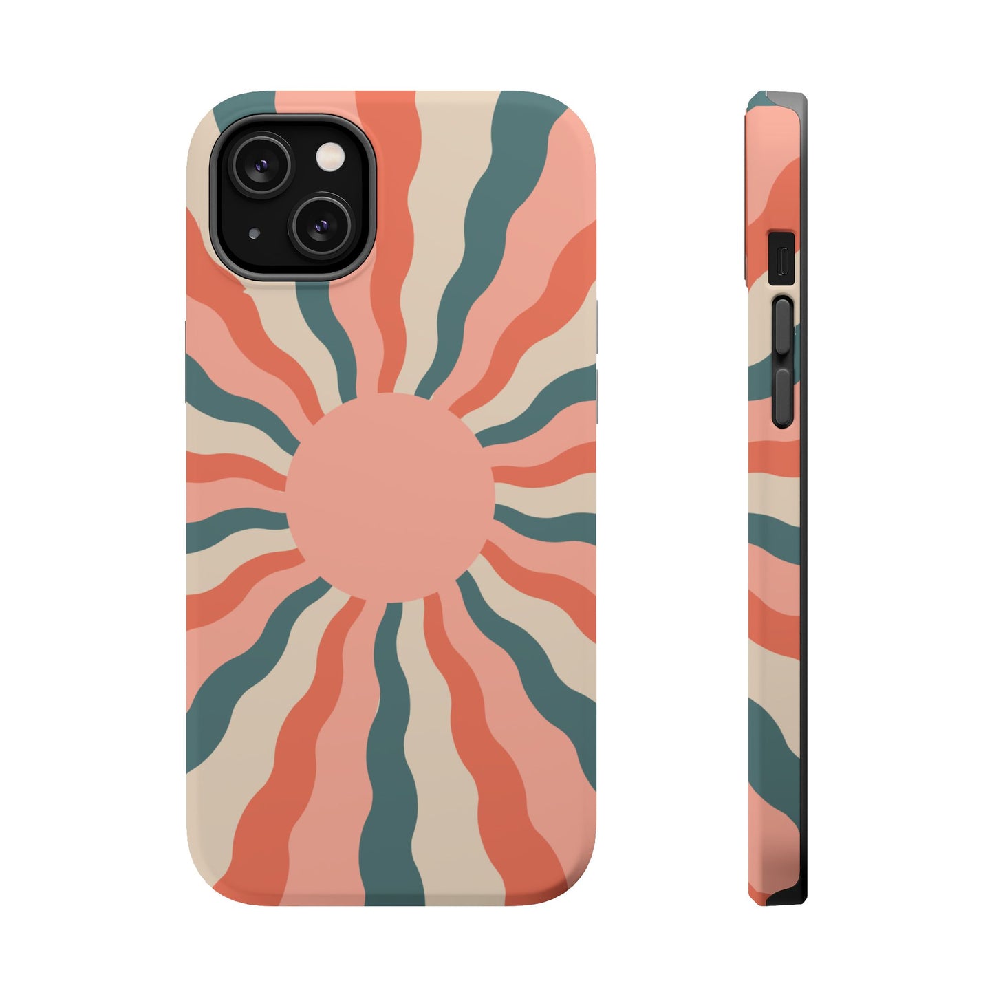 Retro Sunburst MagSafe iPhone Case – Bold 70s-Inspired Waves in Coral, Teal, and Cream