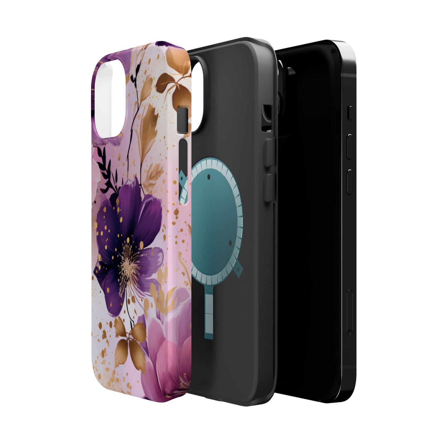 Elegant Purple & Gold Floral MagSafe iPhone Case - Luxe Flower Design