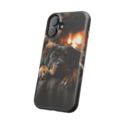 Cozy Rottweiler by the Fireplace MagSafe iPhone Case – Warm Rustic Design