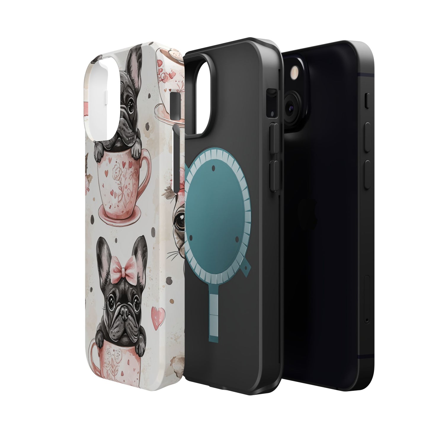 French Bulldogs in Teacups MagSafe iPhone Case – Cute Dog Design with Hearts & Bows, Shockproof & Slim