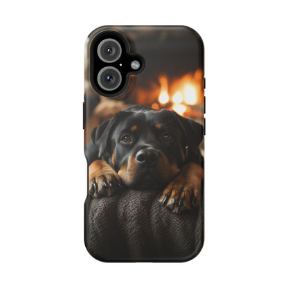 Cozy Rottweiler by the Fireplace MagSafe iPhone Case – Warm Rustic Design