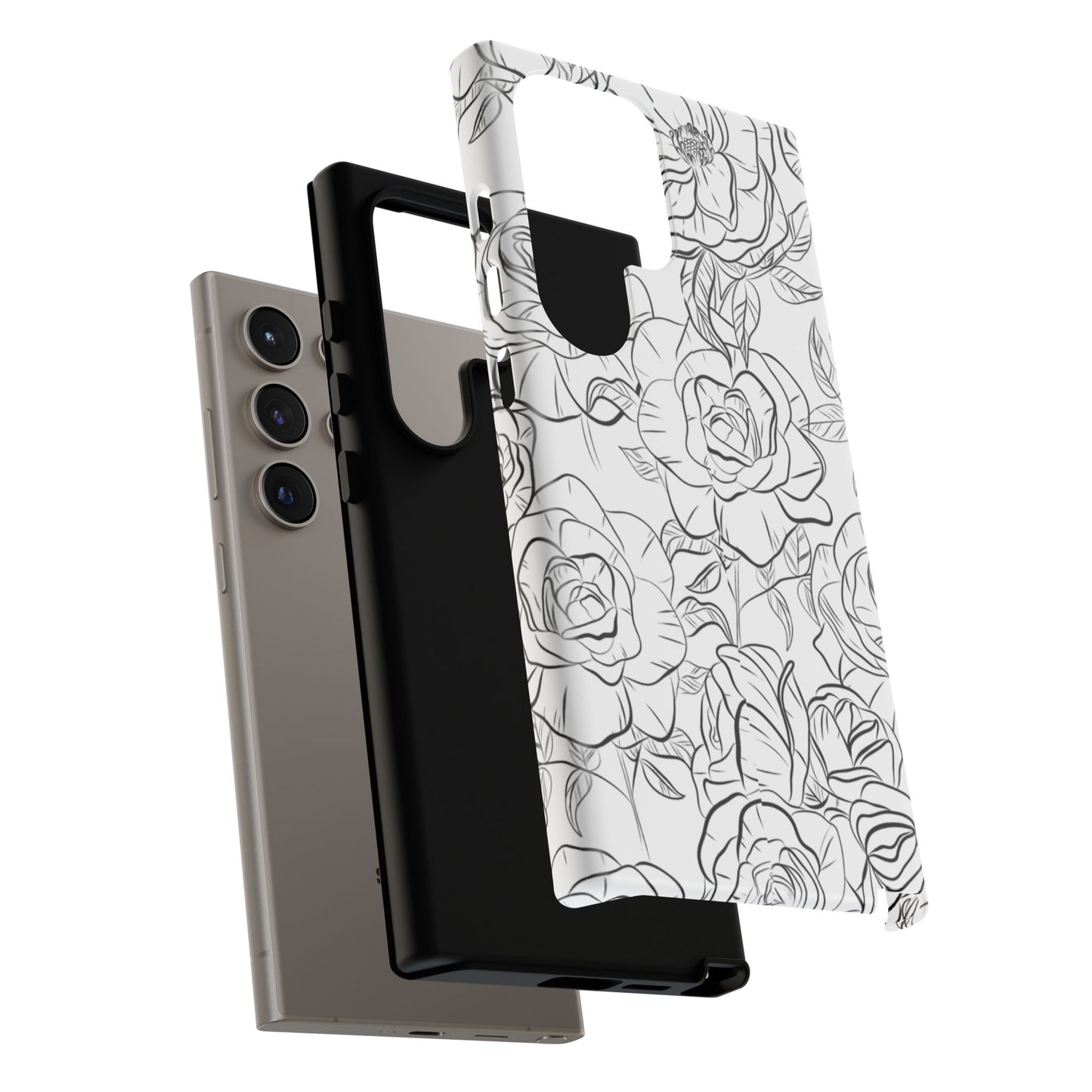 Monochrome Rose Garden Tough Samsung Galaxy Case – Elegant Floral Line Art with Dual-Layer Protection