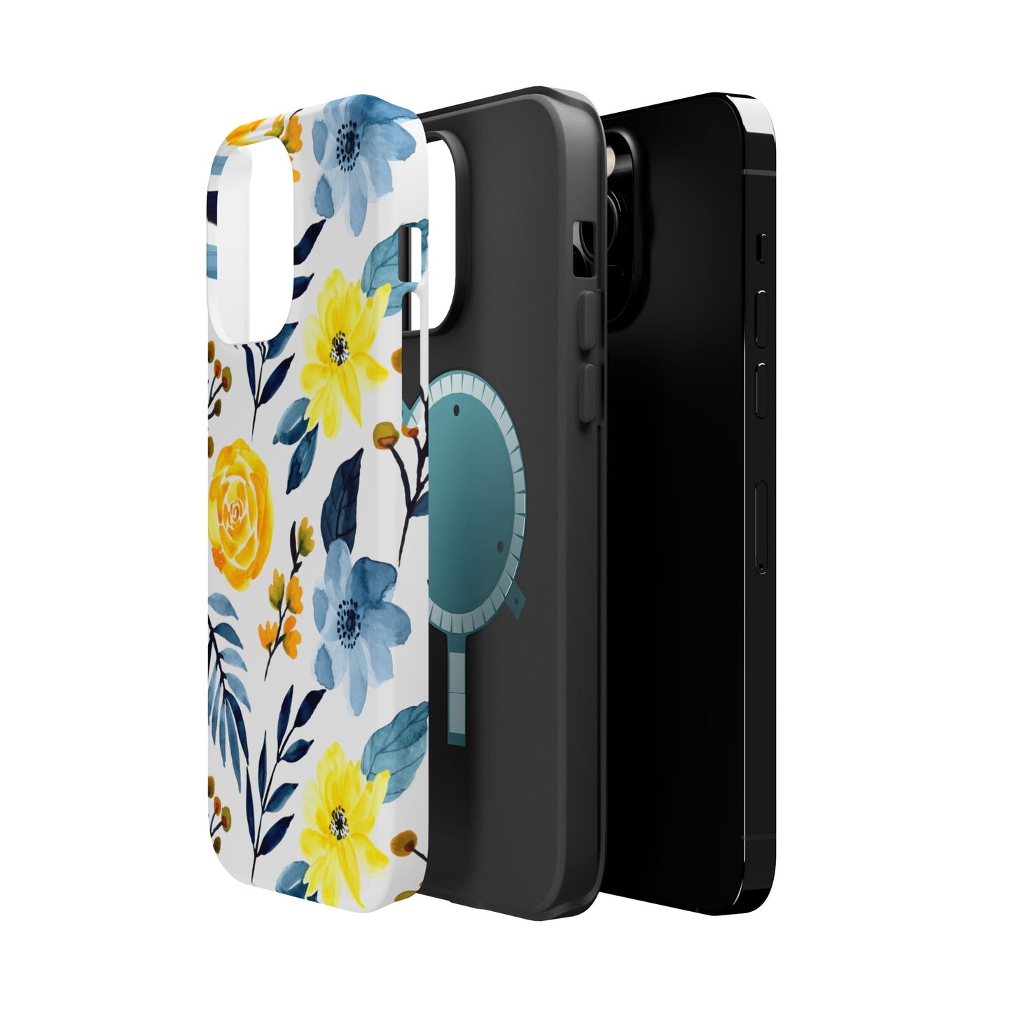 Golden Yellow & Sky Blue Floral – Watercolor Botanical MagSafe iPhone Case