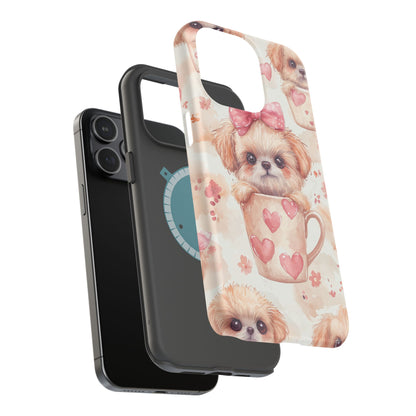 Adorable Puppy in Teacup MagSafe iPhone Case – Tough, Dual-Layer Protection with Cute Pink Bow Design