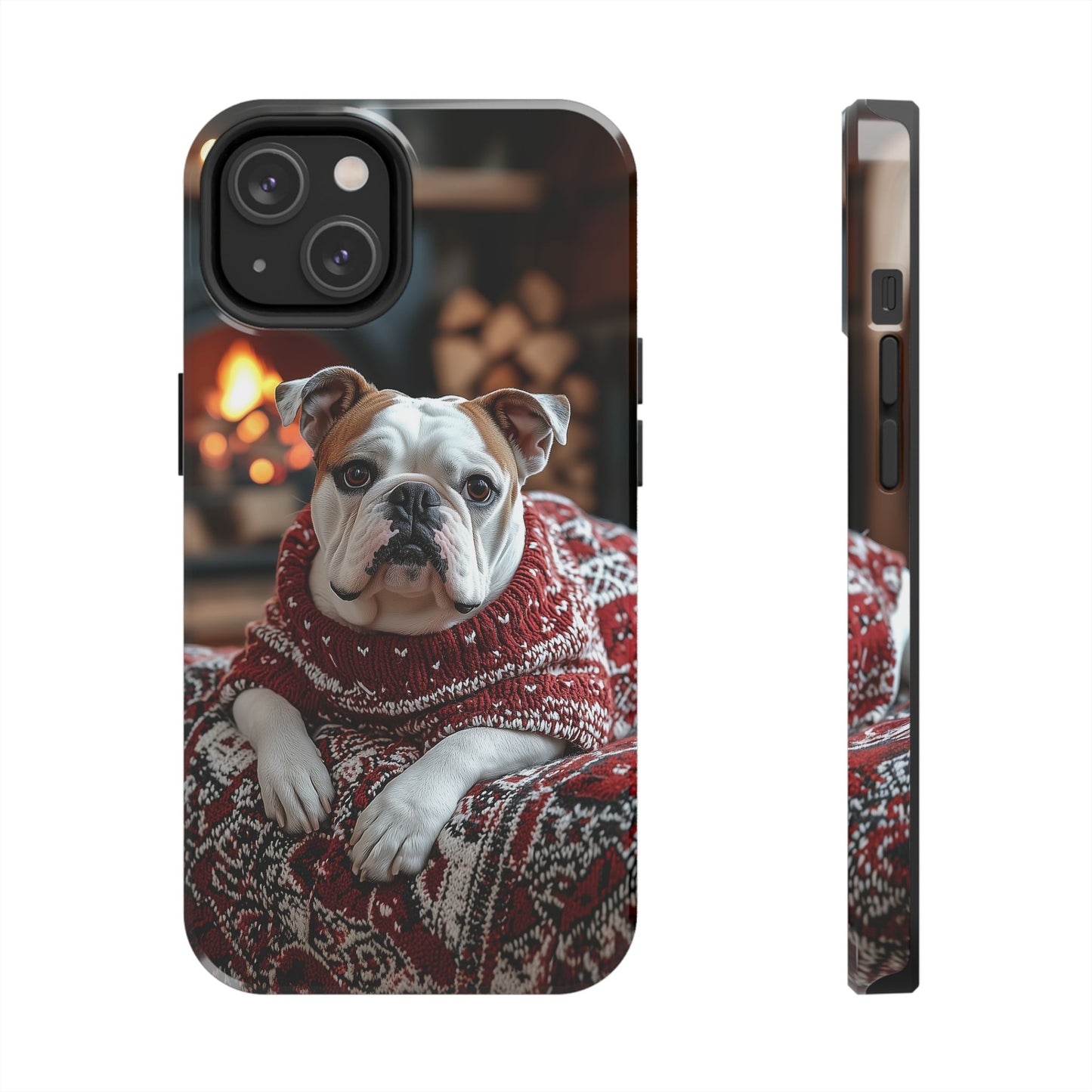 Cozy Bulldog in Sweater iPhone Case – Festive Fireplace Protective Cover