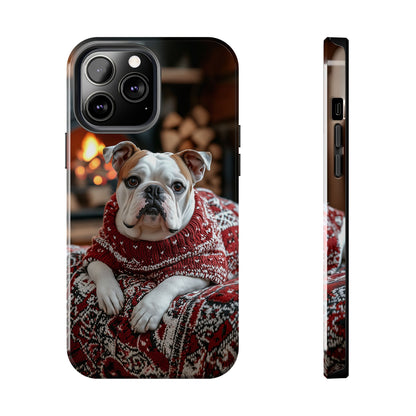 Cozy Bulldog in Sweater iPhone Case – Festive Fireplace Protective Cover