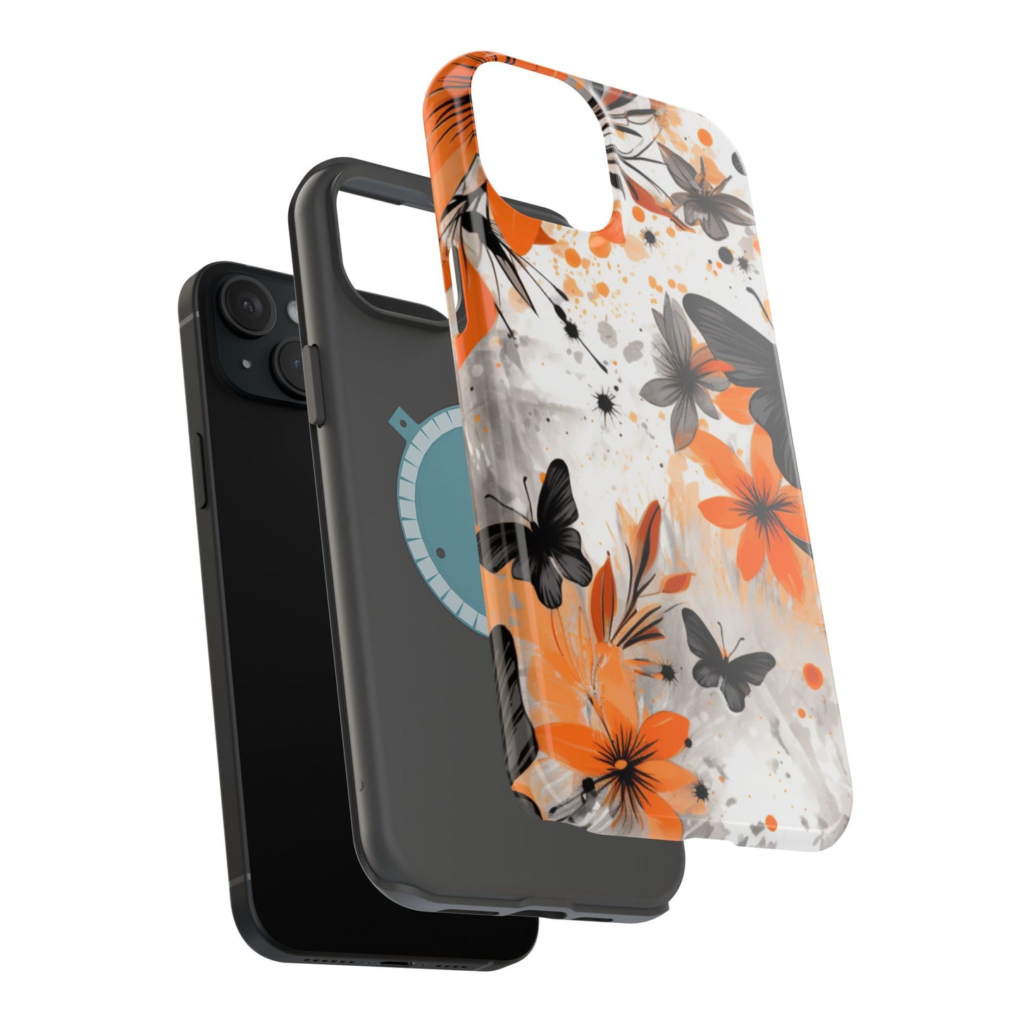 Orange Blossom & Black Butterfly MagSafe iPhone Case – Bold Floral Pattern with Modern Abstract Style