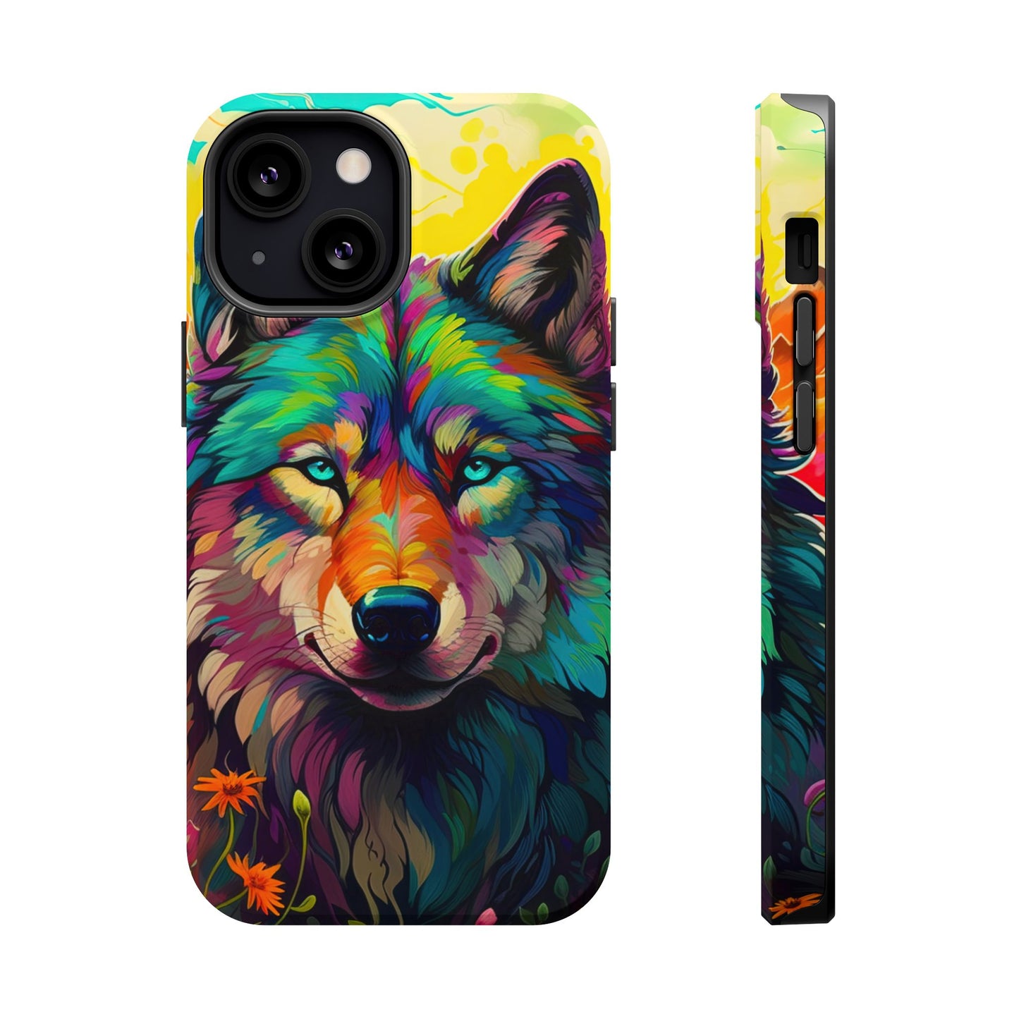 Rainbow Wolf in Bloom – MagSafe iPhone Case with Nature-Inspired Design