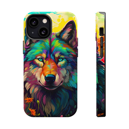 Rainbow Wolf in Bloom – MagSafe iPhone Case with Nature-Inspired Design