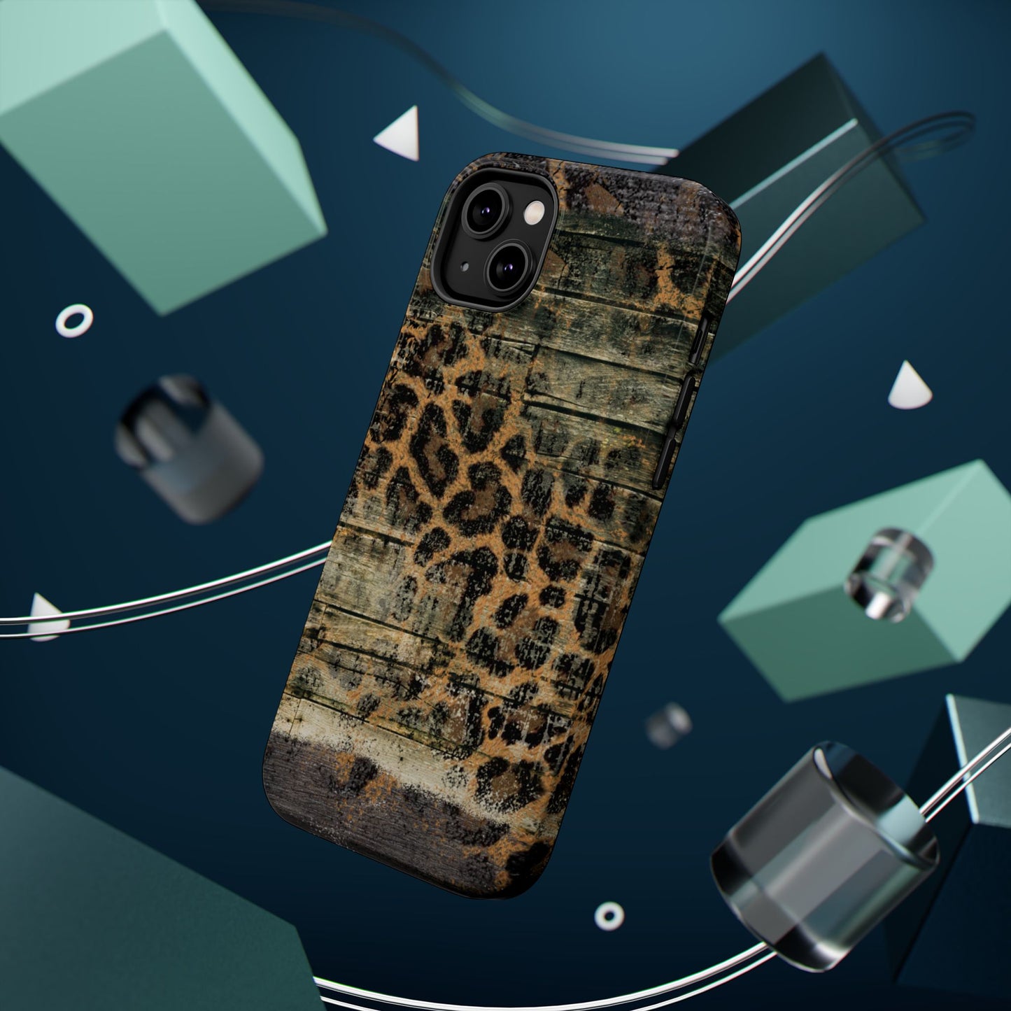 Rustic Wood and Leopard Print Tough MagSafe iPhone Case – Distressed Western Design with Dual-Layer Protection