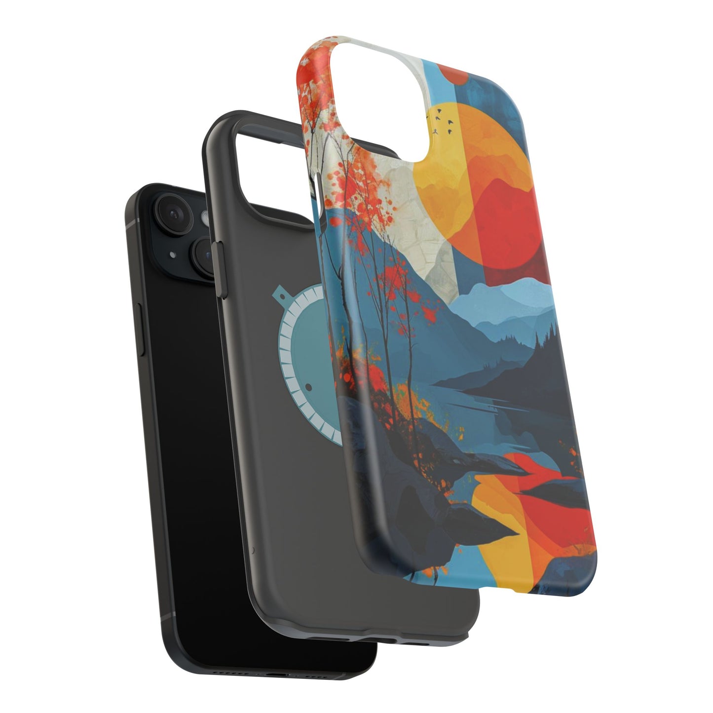 Abstract Autumn Landscape MagSafe iPhone Case – Bold Colorful Sunset Design, Dual-Layer Protection