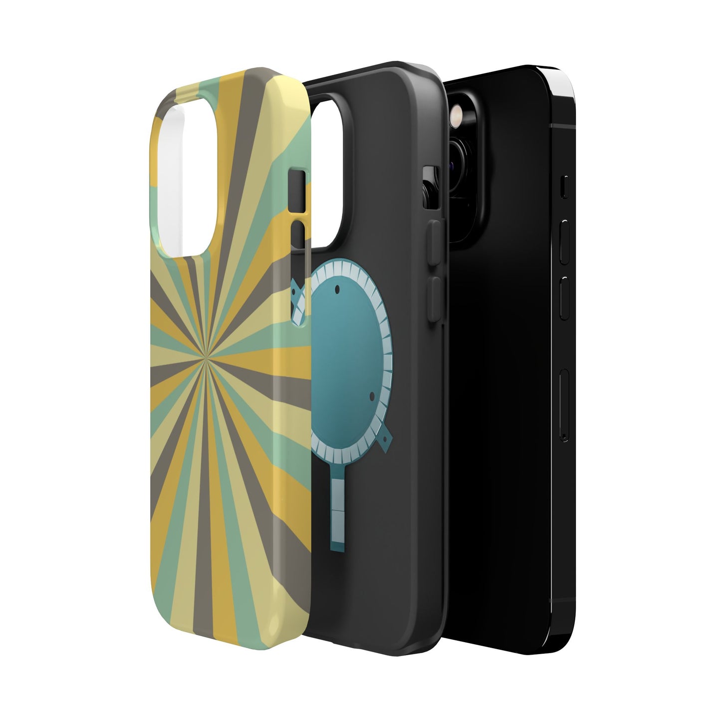 Vintage Sunburst Rays MagSafe iPhone Case – Bold 70s-Inspired Burst in Yellow, Mint, and Gray