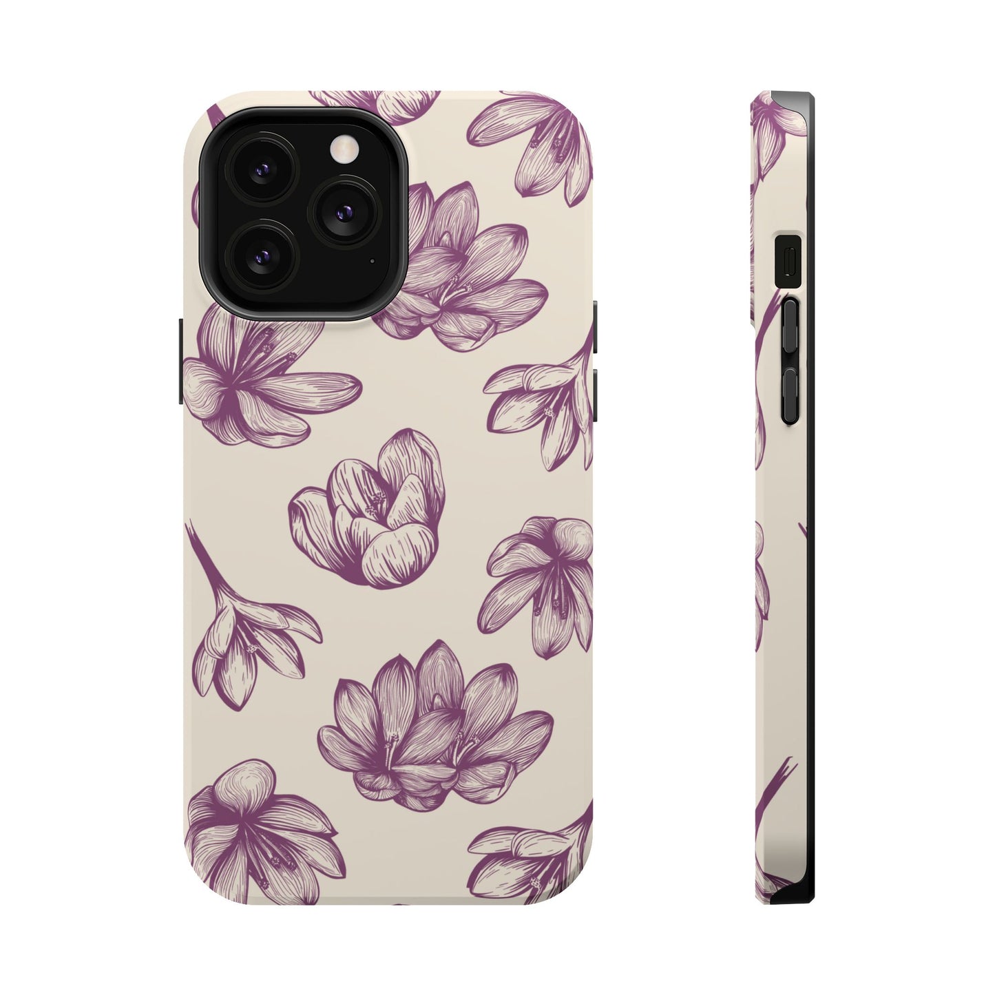 Vintage Botanical Floral Tough MagSafe iPhone Case – Hand-Drawn Purple Flowers, Shockproof Design