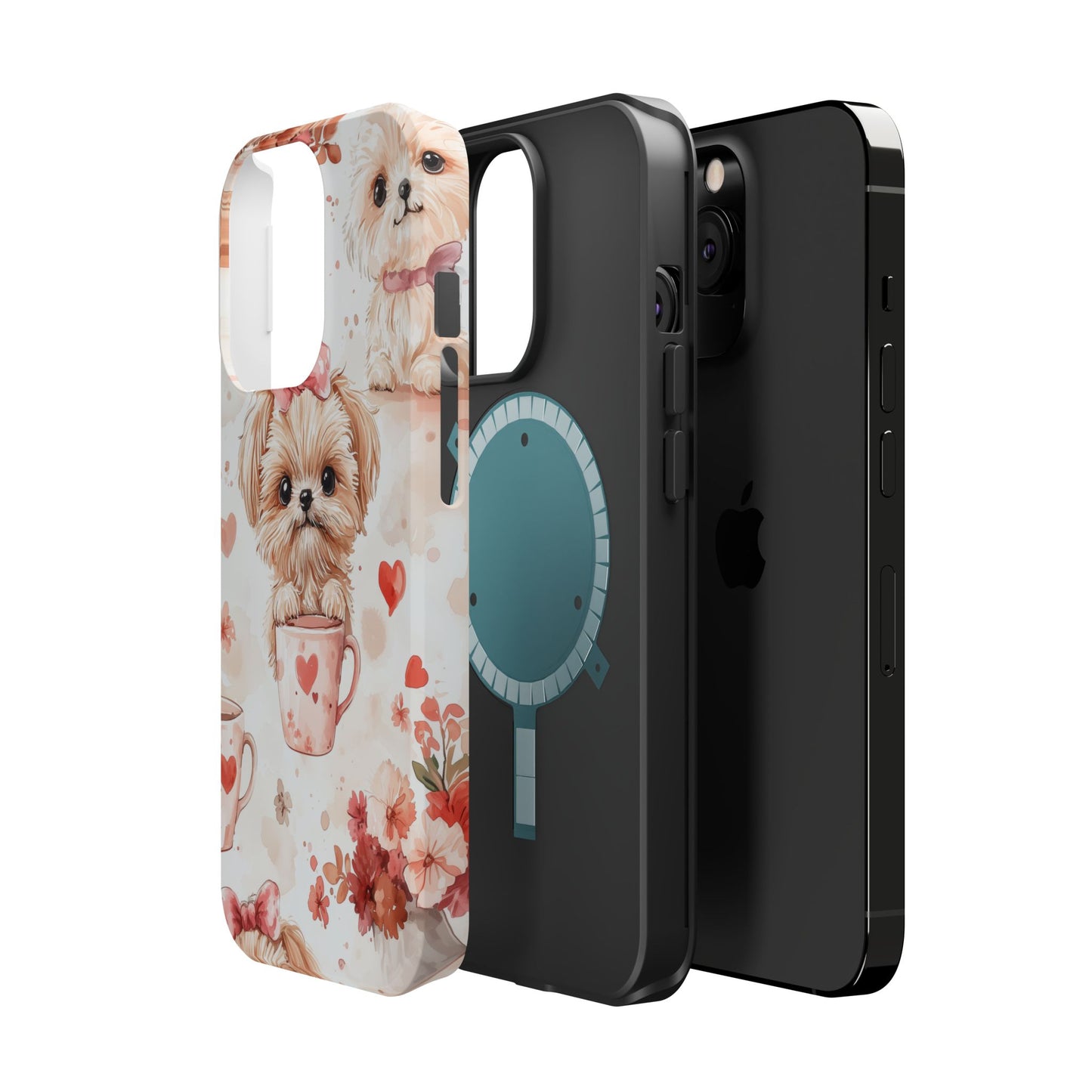 Puppies & Heart Mugs MagSafe iPhone Case – Sweet Dog & Floral Design, Shockproof & Slim