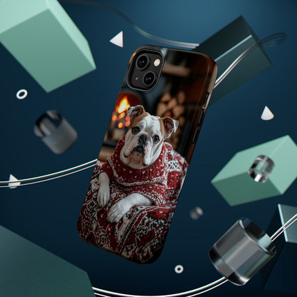 Cozy Bulldog in Sweater MagSafe iPhone Case – Festive Fireplace Protective Cover