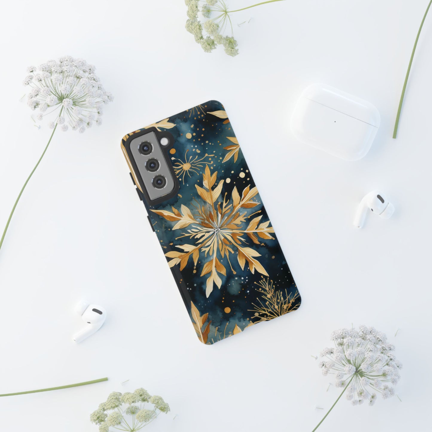 Gold Floral Snowflakes on Midnight Blue - Samsung Galaxy Series Case