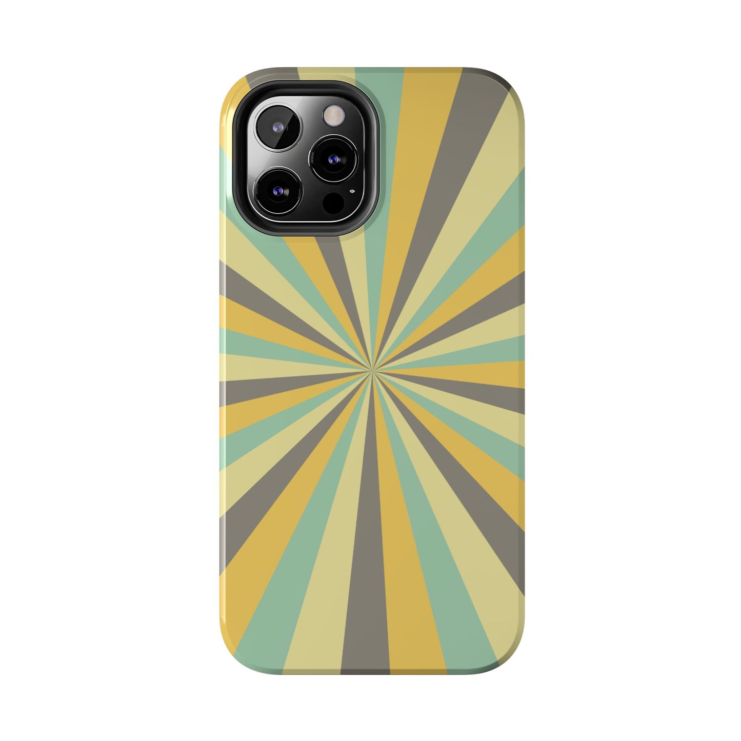 Vintage Sunburst Rays iPhone Case – Bold 70s-Inspired Burst in Yellow, Mint, and Gray