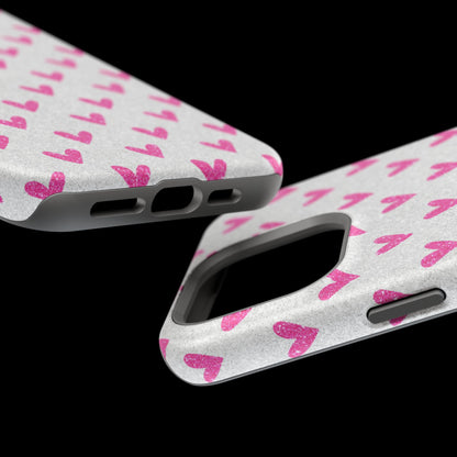 Pink Hearts on Glitter Silver – MagSafe iPhone Case