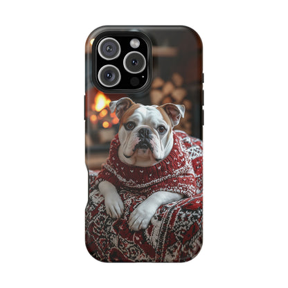 Cozy Bulldog in Sweater MagSafe iPhone Case – Festive Fireplace Protective Cover