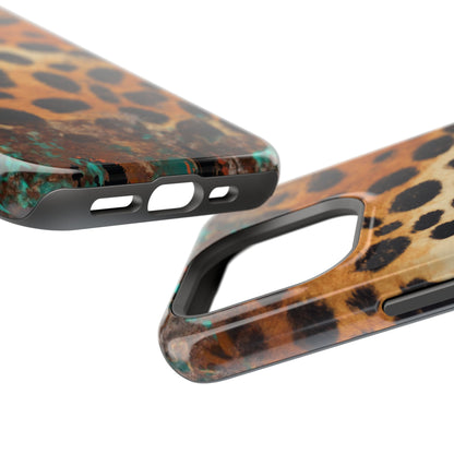 Rustic Leopard Print Tough MagSafe iPhone Case – Distressed Turquoise and Animal Pattern with Dual-Layer Protection