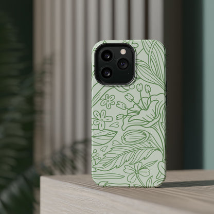 Sage Green Floral Line Art Tough MagSafe iPhone Case – Minimalist Botanical Design with Dual-Layer Protection