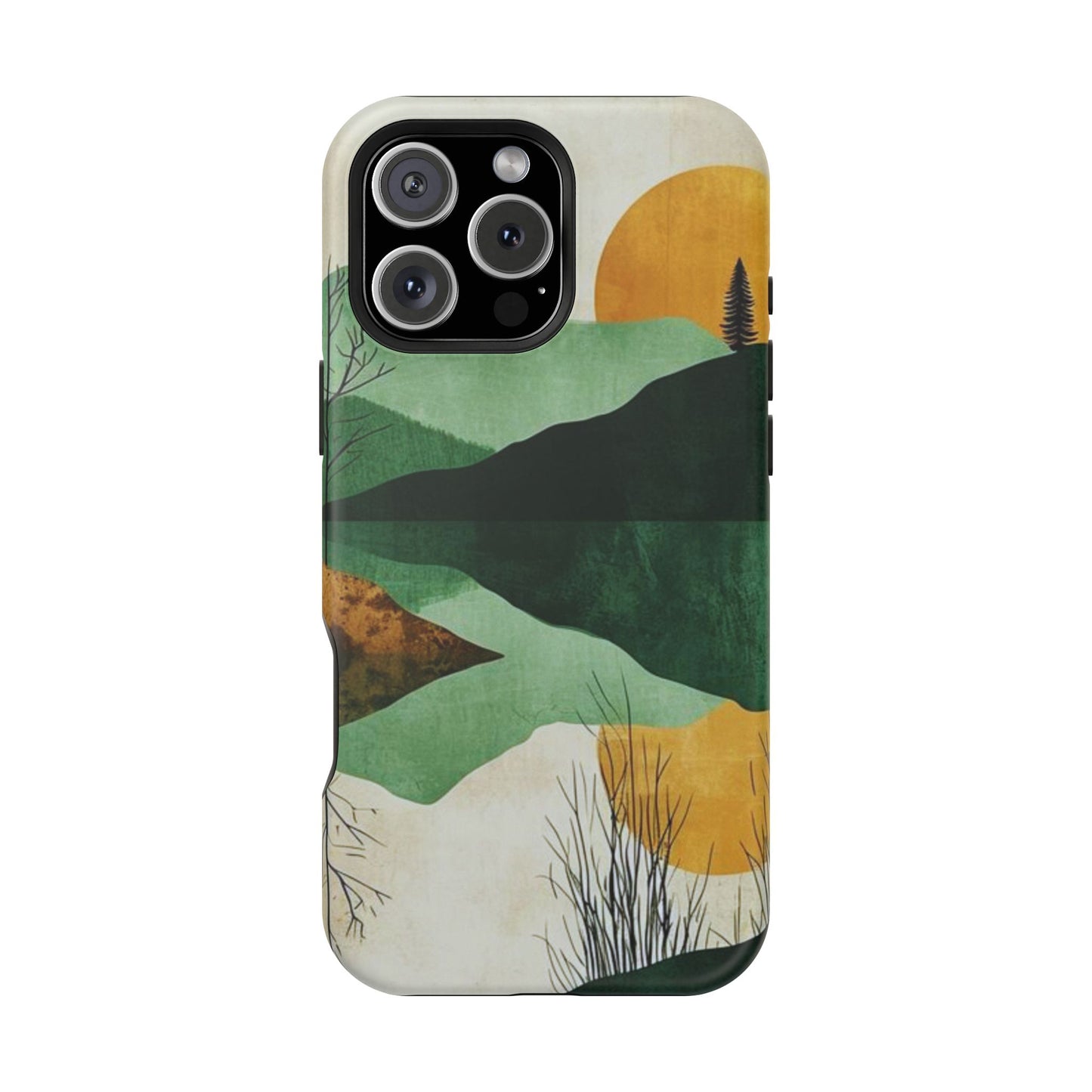 Retro Mountain Sunrise MagSafe iPhone Case – Minimalist Landscape Design, Dual-Layer Protection