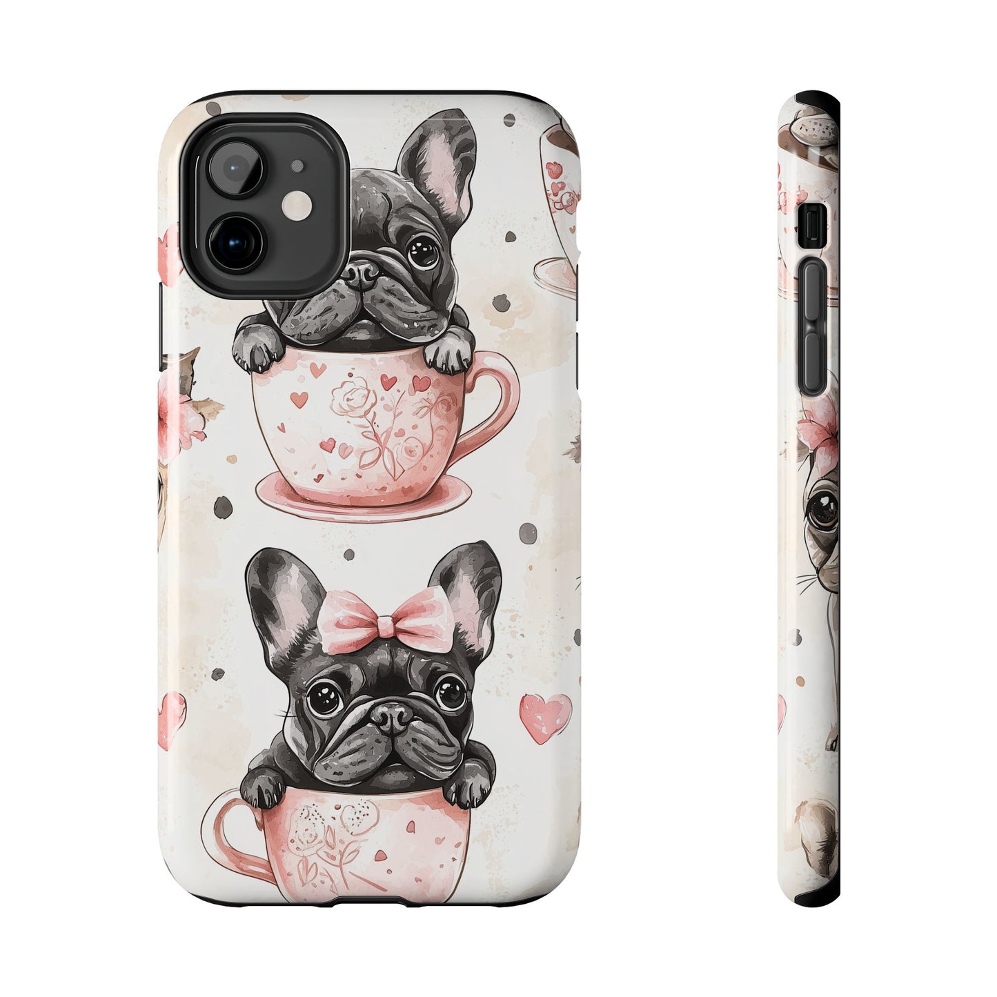 French Bulldogs in Teacups iPhone Case – Cute Dog Design with Hearts & Bows, Shockproof & Slim - BOGO Cases