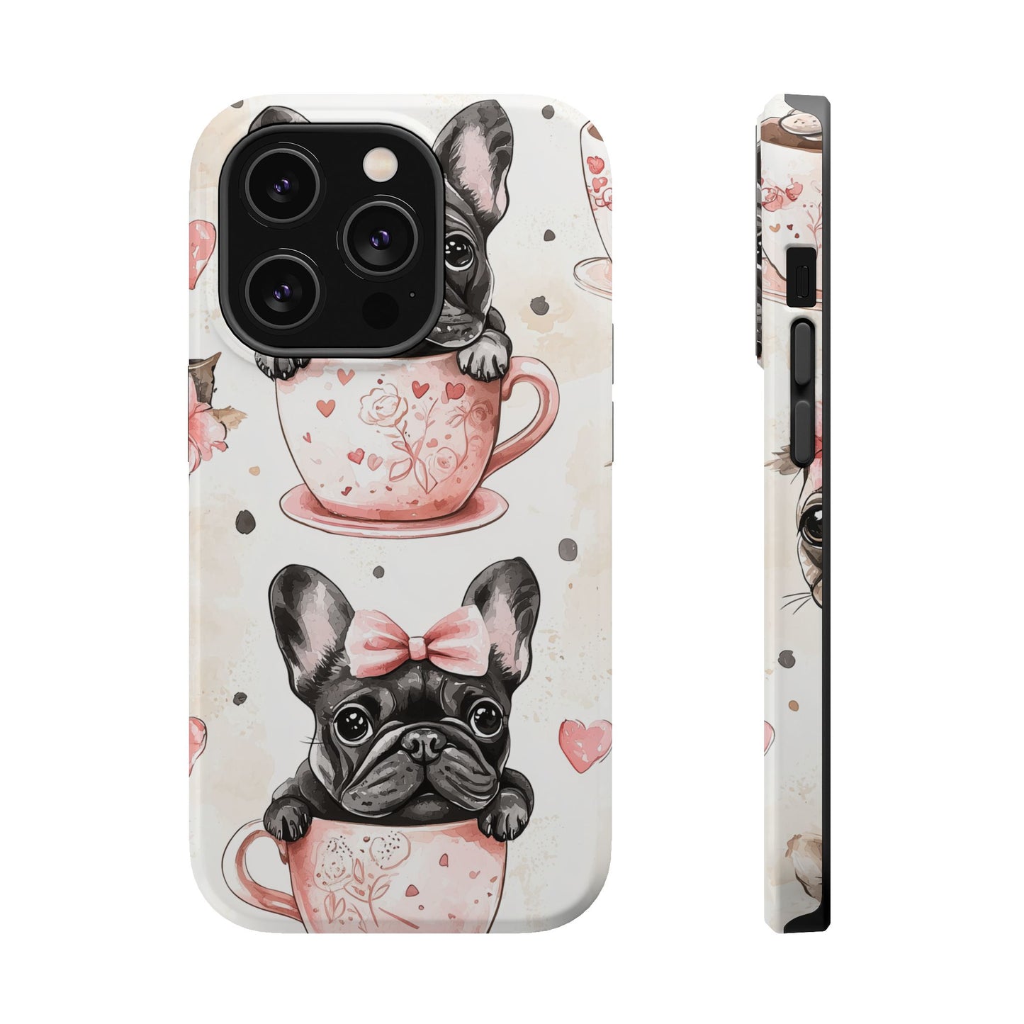 French Bulldogs in Teacups MagSafe iPhone Case – Cute Dog Design with Hearts & Bows, Shockproof & Slim