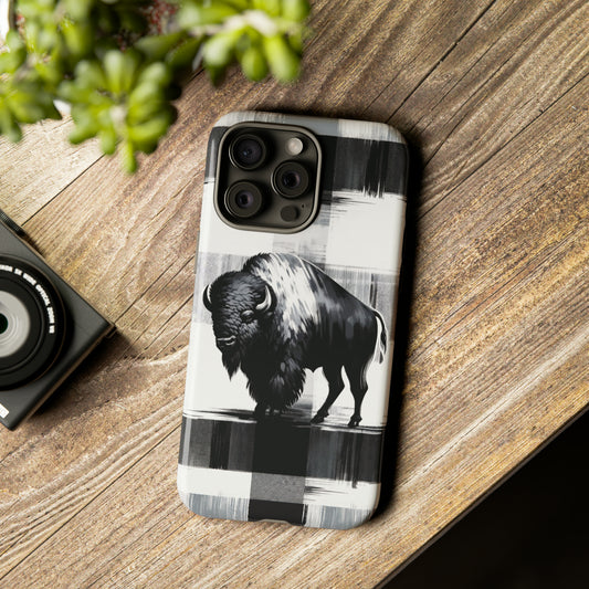 Black White Buffalo Plaid Phone Case - Prairie Monarch - Majestic Bison Phone Cover For iPhone 15, 14, 13, 12, 11, Google, & Samsung Galaxy!
