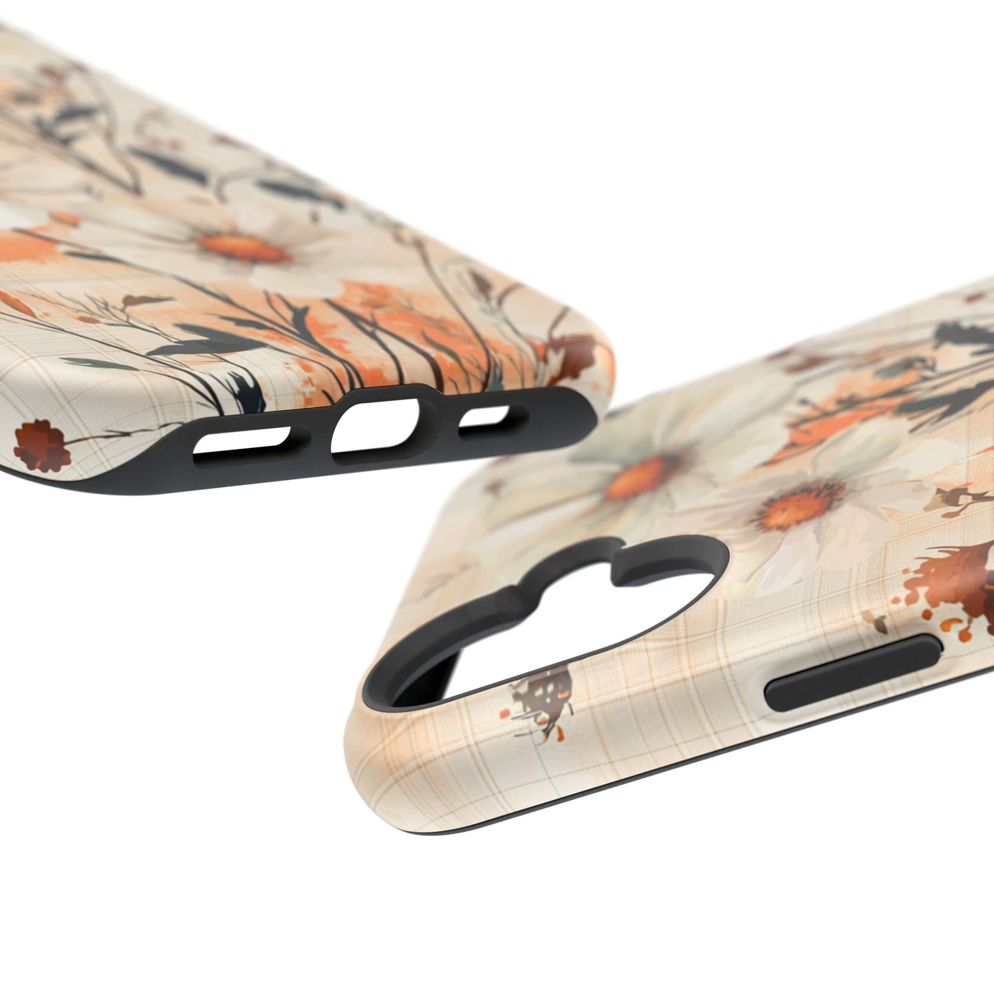 Pastel Orange Floral MagSafe iPhone Case - Elegant Plaid Protective Cover