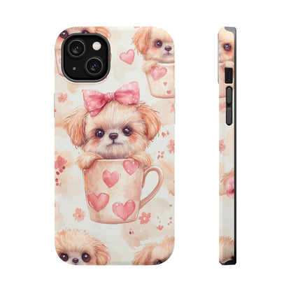 Adorable Puppy in Teacup MagSafe iPhone Case – Tough, Dual-Layer Protection with Cute Pink Bow Design