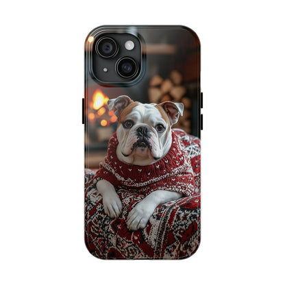 Cozy Bulldog in Sweater iPhone Case – Festive Fireplace Protective Cover