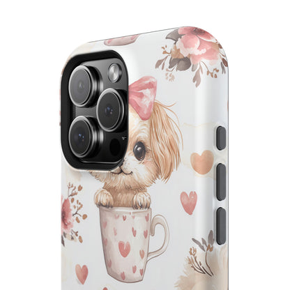 Cute Puppies in Heart MagSafe iPhone Case – Adorable Dog & Floral Design, Shockproof & Slim