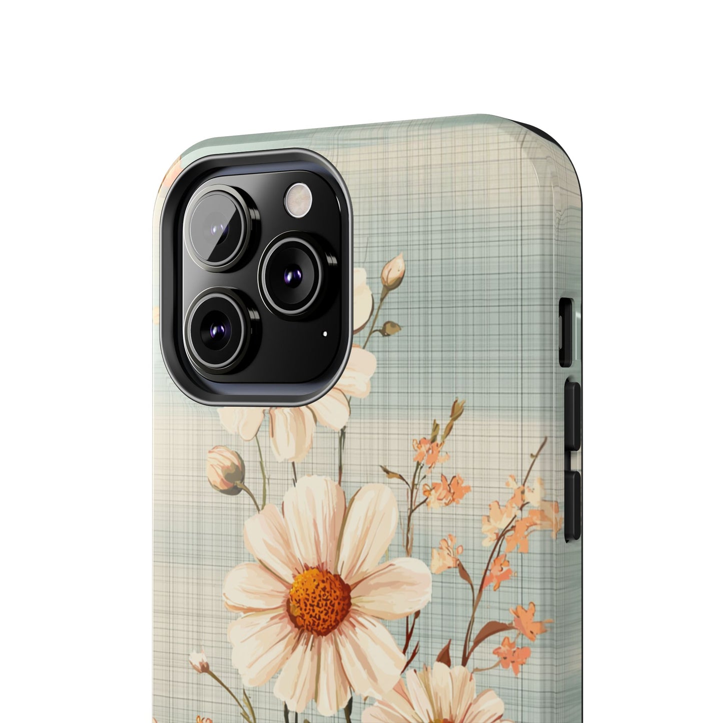 Vintage Plaid & Daisy Floral Tough iPhone Case – Dual-Layer Protection with Retro Flower Design