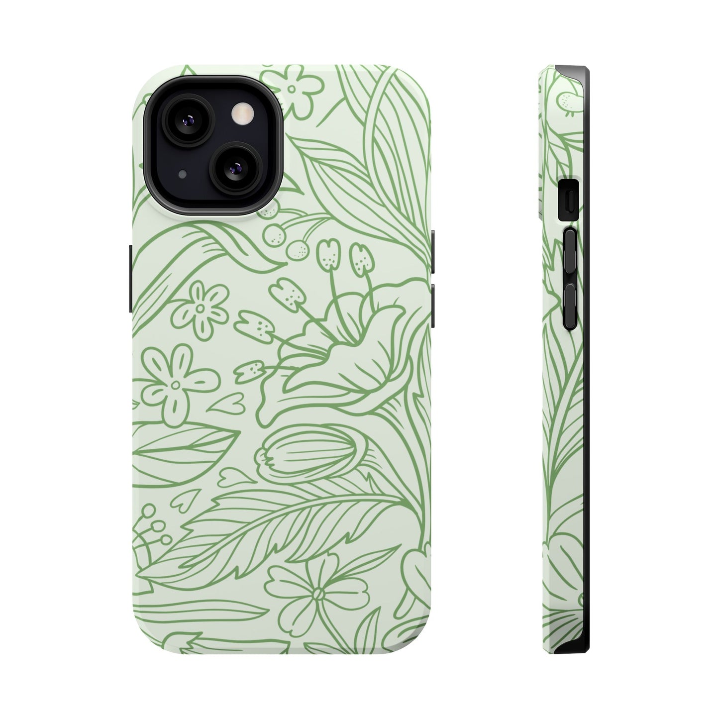 Sage Green Floral Line Art Tough MagSafe iPhone Case – Minimalist Botanical Design with Dual-Layer Protection