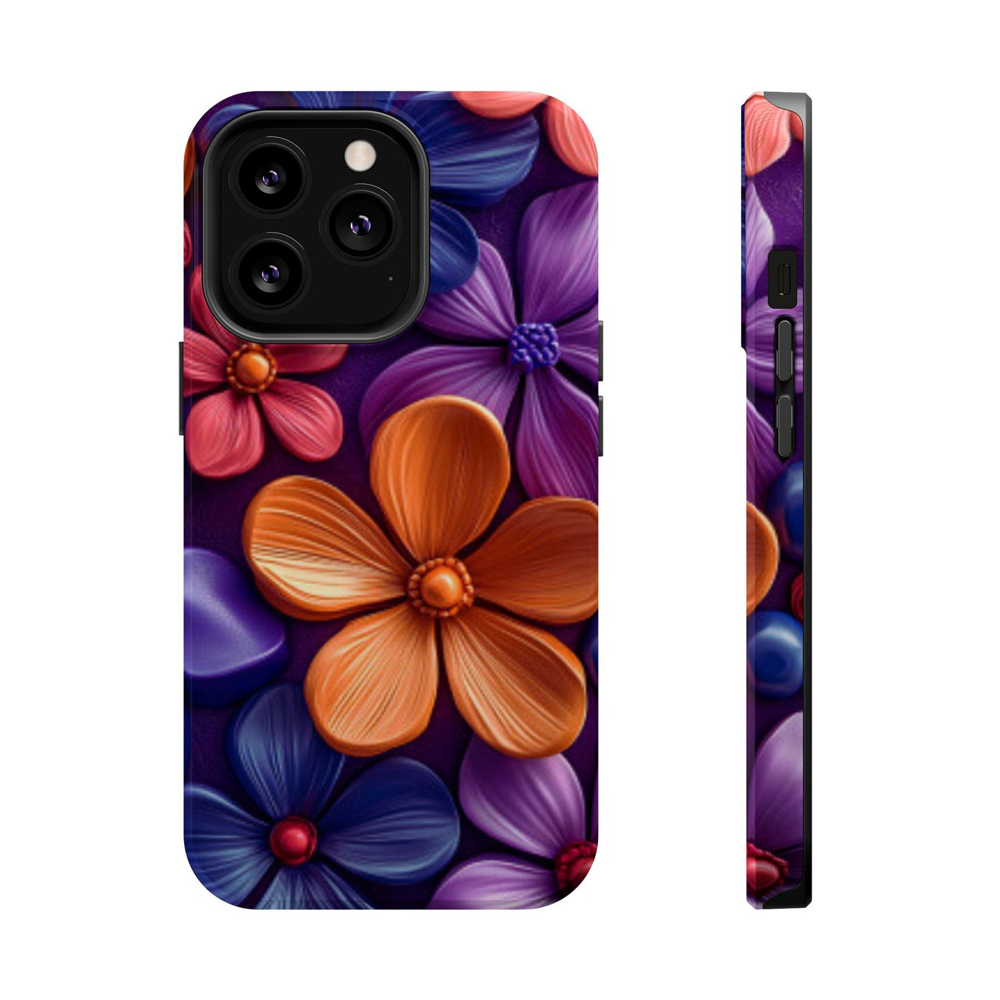 Bold Floral 3D MagSafe iPhone Case – Vivid Purple and Orange Flower Design, Shock-Resistant