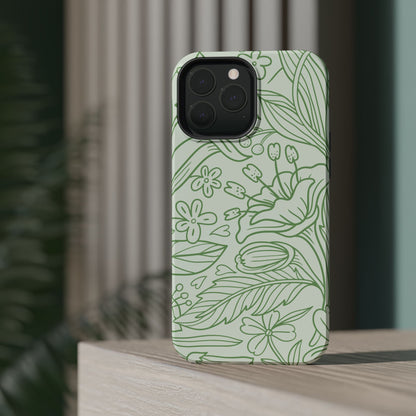 Sage Green Floral Line Art Tough MagSafe iPhone Case – Minimalist Botanical Design with Dual-Layer Protection