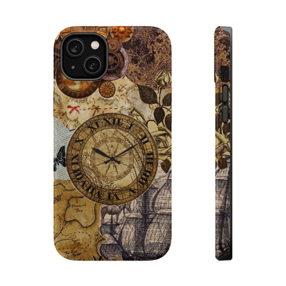 Steampunk Vintage Adventure MagSafe iPhone Case – Dual-Layer Protection with Antique Map and Clock Design