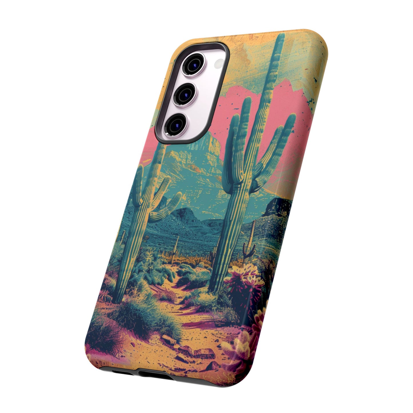 Desert Oasis Retro Cactus Phone Case - Vibrant Sunset Landscape for iPhone 15/14/13/12, Samsung S24/S23/S22/S21, & Google Pixel