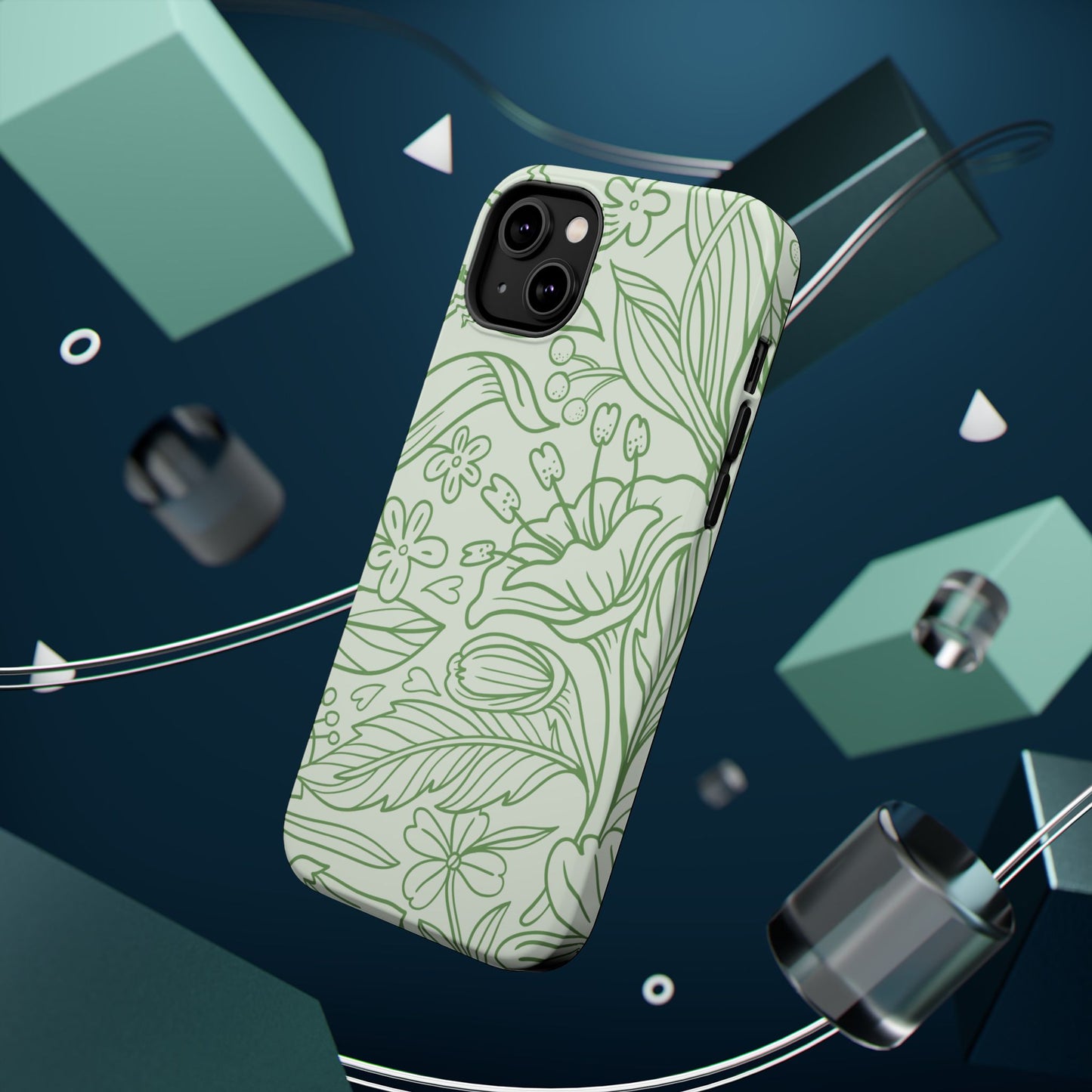 Sage Green Floral Line Art Tough MagSafe iPhone Case – Minimalist Botanical Design with Dual-Layer Protection