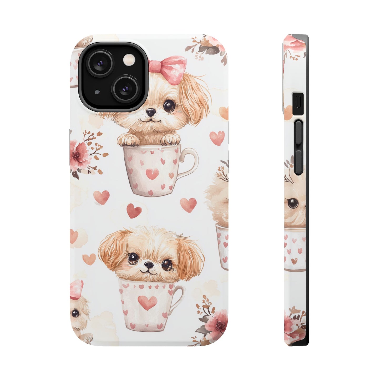 Cute Puppies in Heart MagSafe iPhone Case – Adorable Dog & Floral Design, Shockproof & Slim