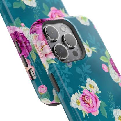 Elegant Peony Bouquet MagSafe iPhone Case – Deep Teal Background with Romantic Floral Design