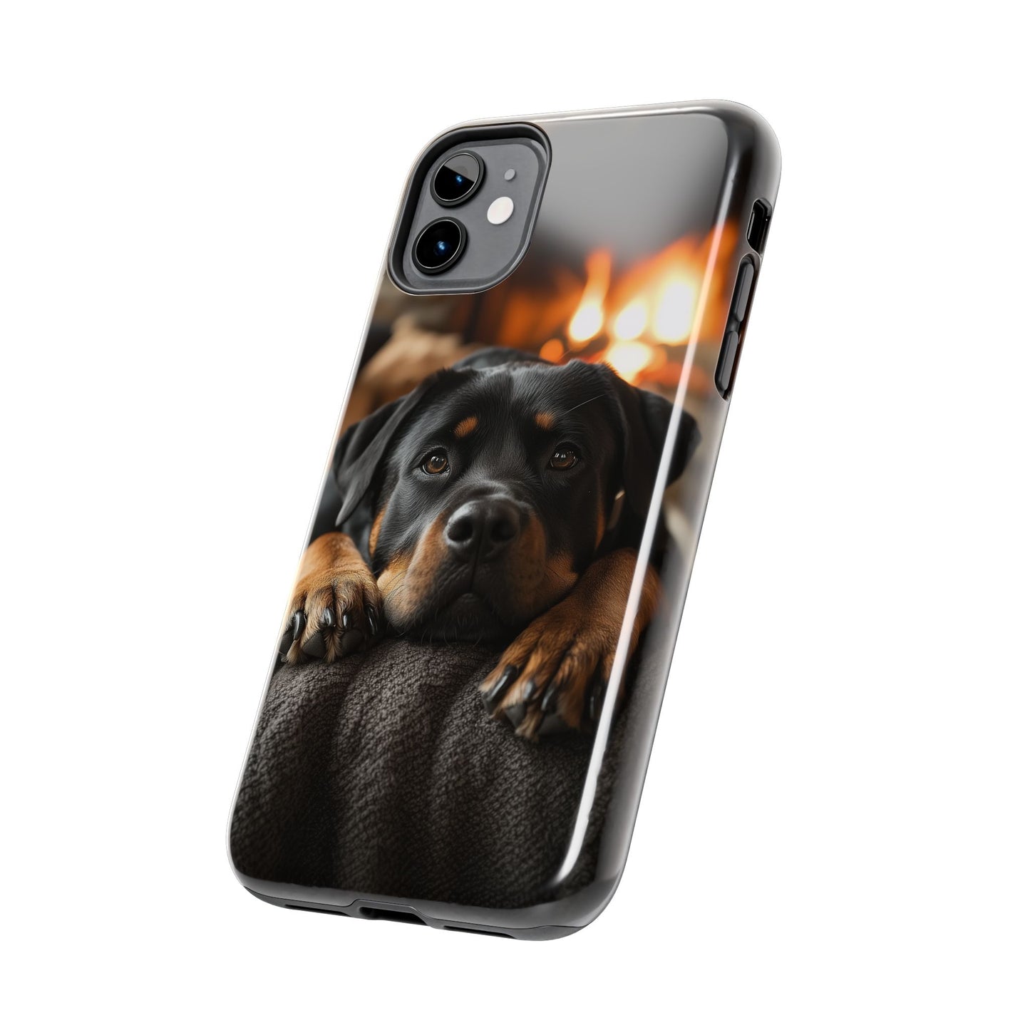 Cozy Rottweiler by the Fireplace iPhone Case – Warm Rustic Design