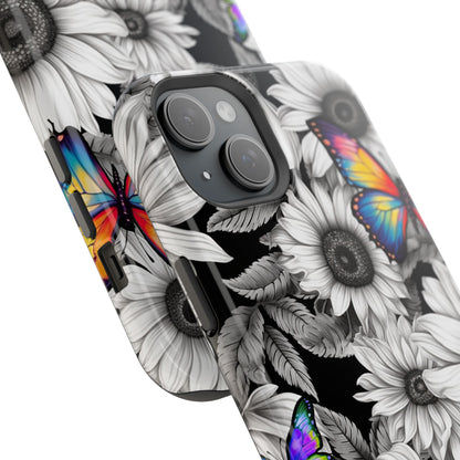 Rainbow Butterflies & Monochrome Sunflowers – MagSafe iPhone Case