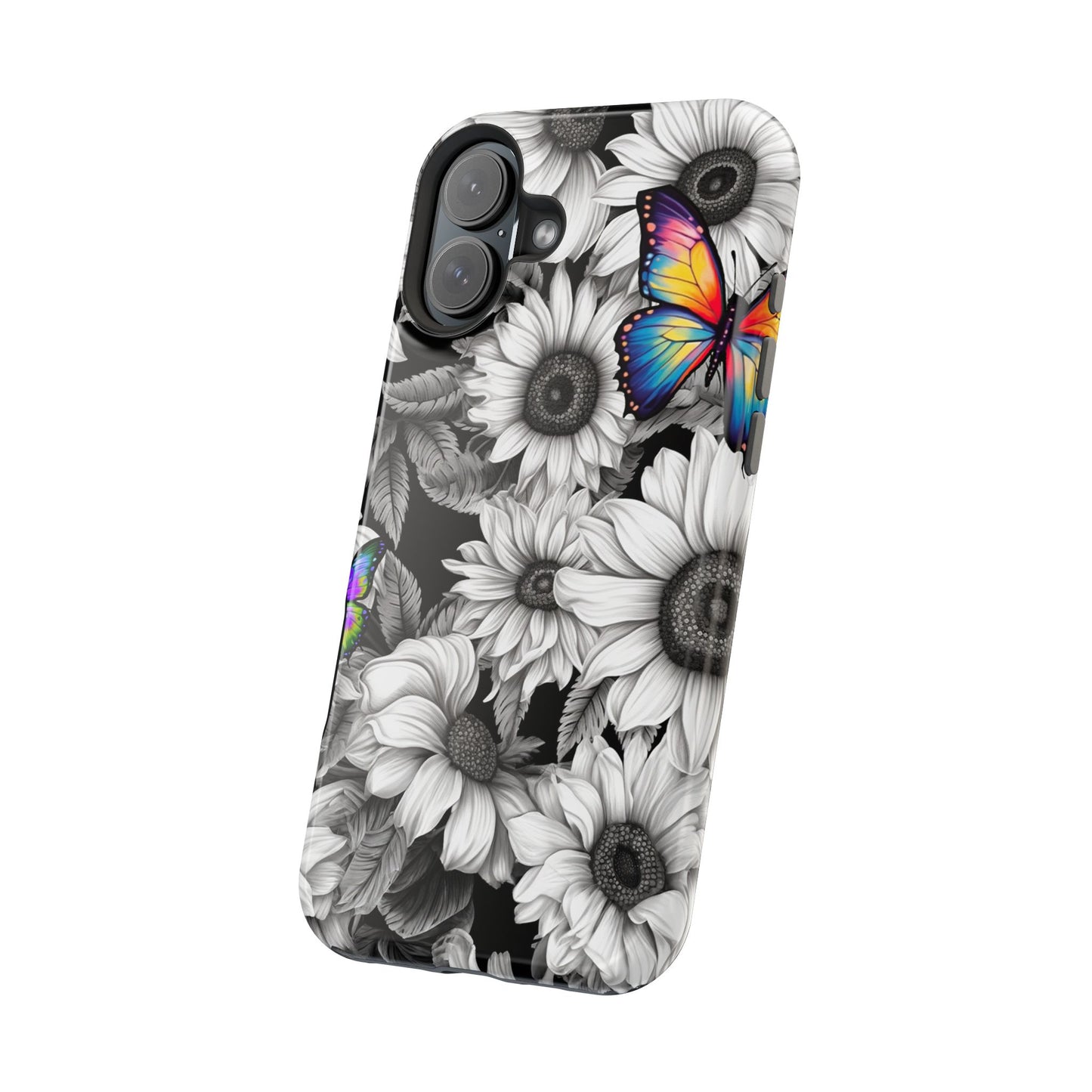 Rainbow Butterflies & Monochrome Sunflowers – MagSafe iPhone Case