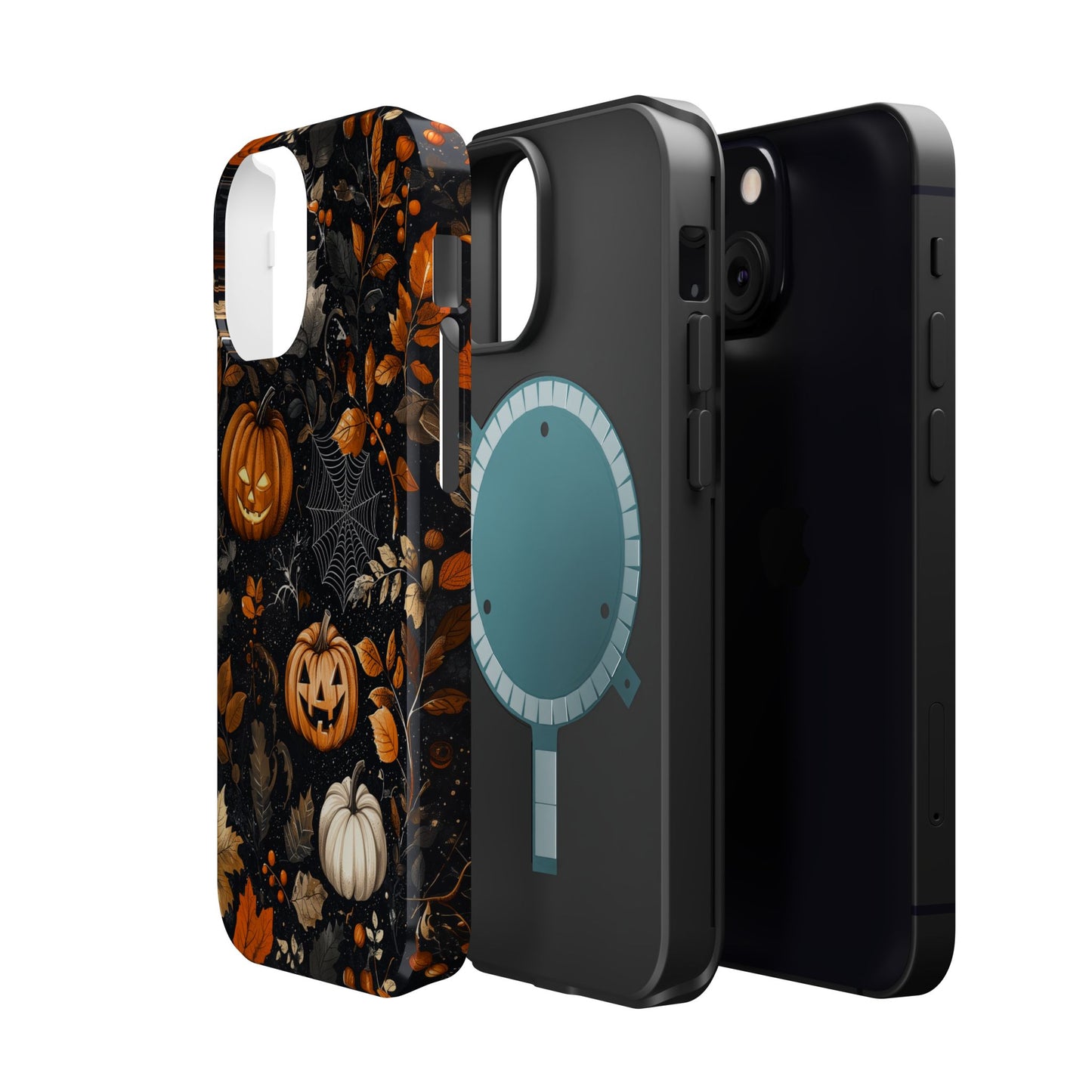 Elegant Halloween MagSafe iPhone Case – Pumpkin Jack-o'-Lanterns, Cobwebs & Autumn Foliage Design